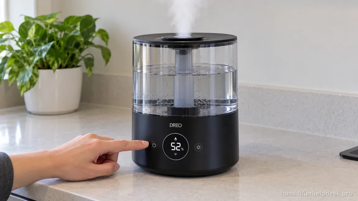 The assembled Dreo HM524S produces a steady mist and shows a normal humidity reading after one retest.
