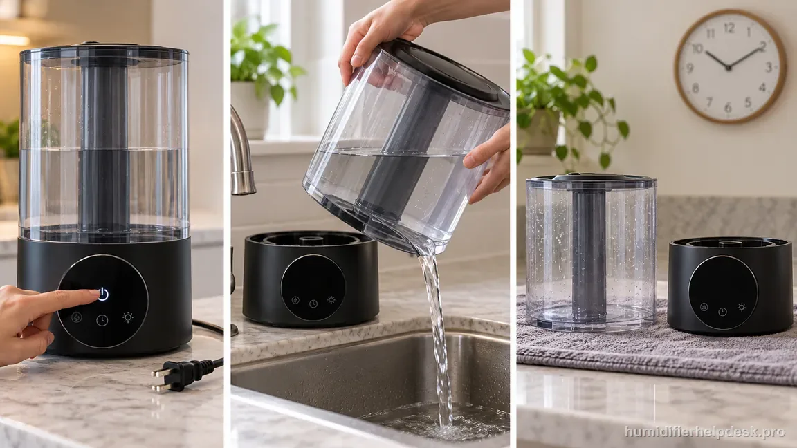 Three repair panels show power-off and unplugging, emptying the removable tank, and drying the intact HM524S parts separately.
