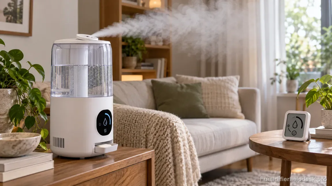 The Dreo HM713S adjustable top mist outlet sends visible fog into open room space, away from the sensor near its aroma tray; a separate hygrometer sits across the room.