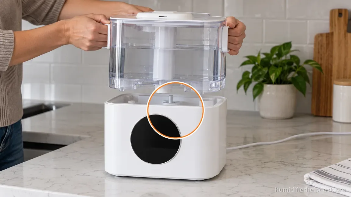 The humidifier is off while the reservoir is lifted vertically from the base.