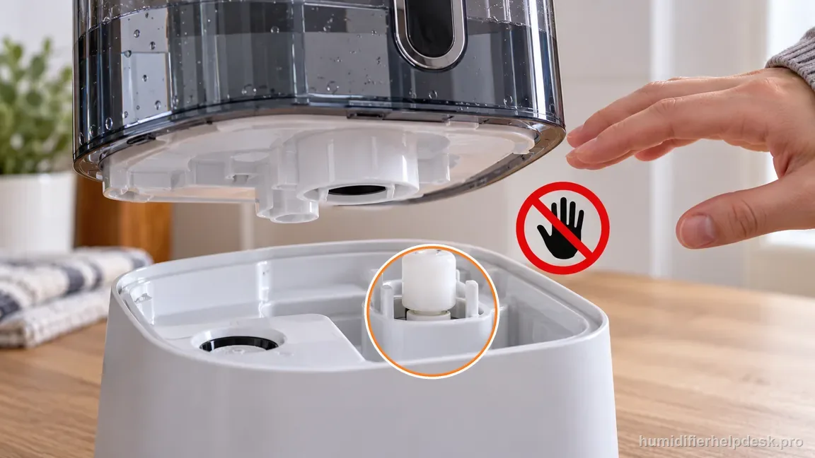 An untouched water-level mechanism is visible with a hand held safely away.