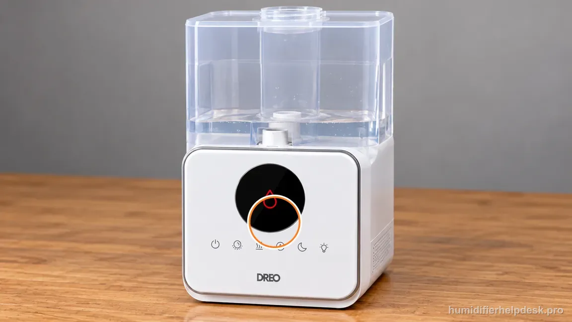 The Dreo HM713S red low-water droplet is lit above its controls.
