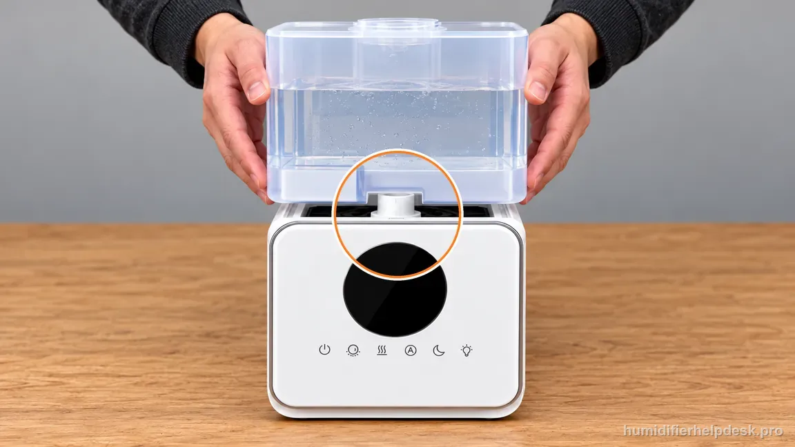 Hands lift the transparent reservoir straight above the Dreo humidifier base.