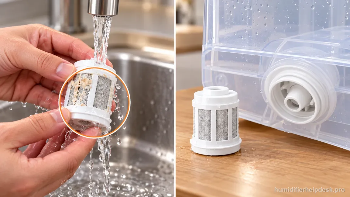 The removable cylindrical mesh water filter is rinsed and shown beside its tank valve.