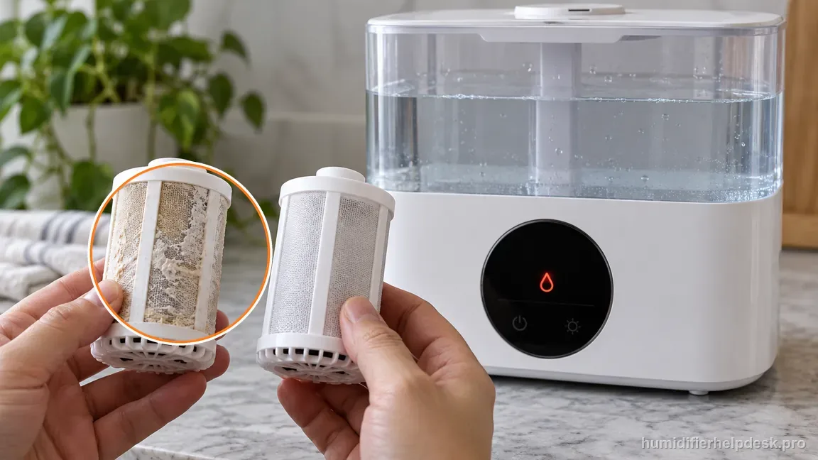 A scaled filter is compared with a clean cartridge while the tank and red light remain visible.