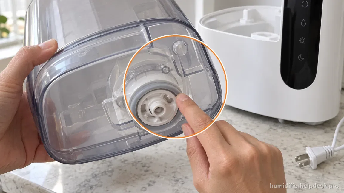 A finger checks the intact silicone sealing ring around the removed HM717S tank outlet valve.