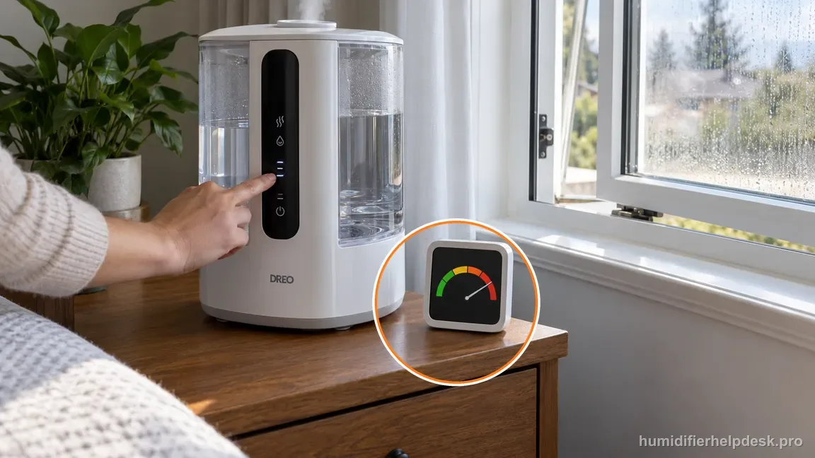 A high-zone humidity gauge, window condensation, and the HM717S mist control are visible together.