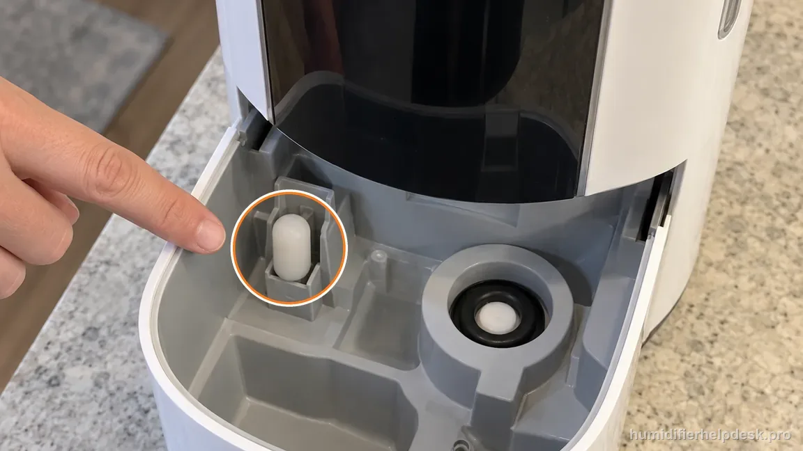 The user-accessible float is visibly present in its normal guide in the unplugged HM717S base chamber.