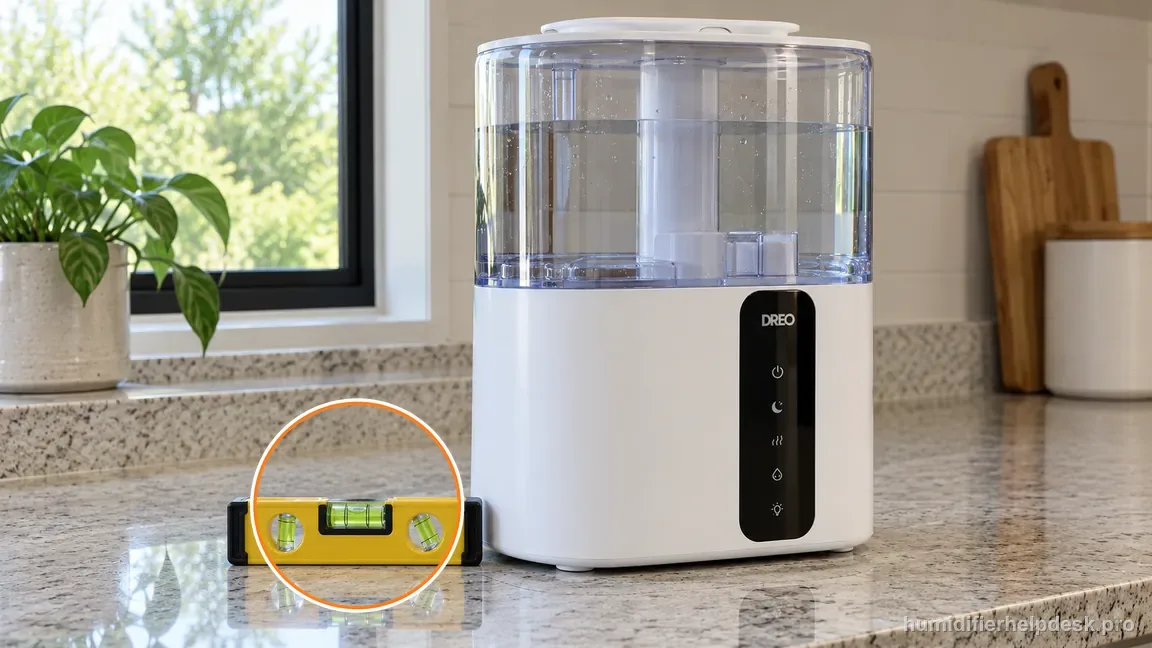 A fully visible spirit level rests beside the upright HM717S on a firm countertop.