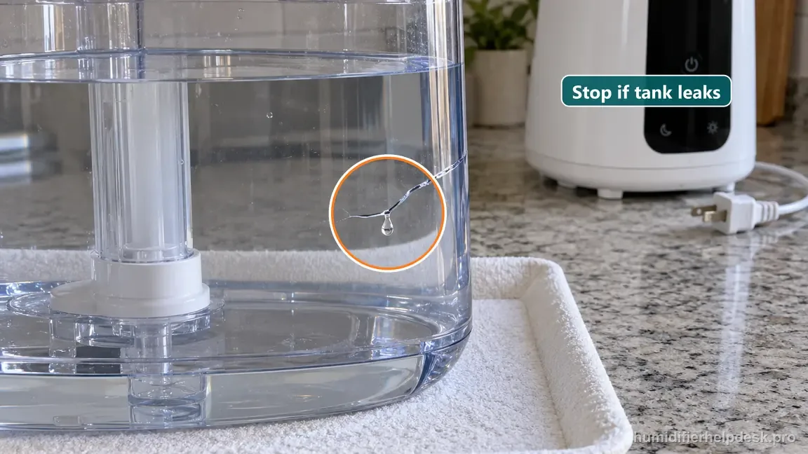 A separate HM717S tank has a visible hairline crack and a fresh droplet while the unplugged base stays away from it.