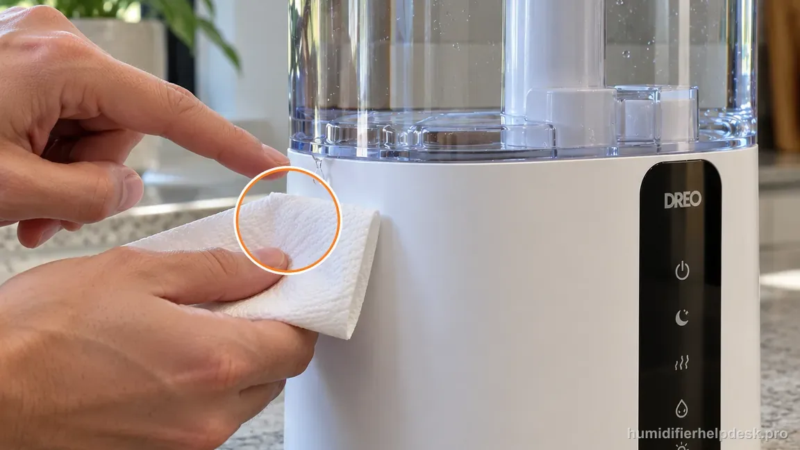 A clean tissue catches the first small droplet at the tank-to-base outlet area of a dry unplugged HM717S.