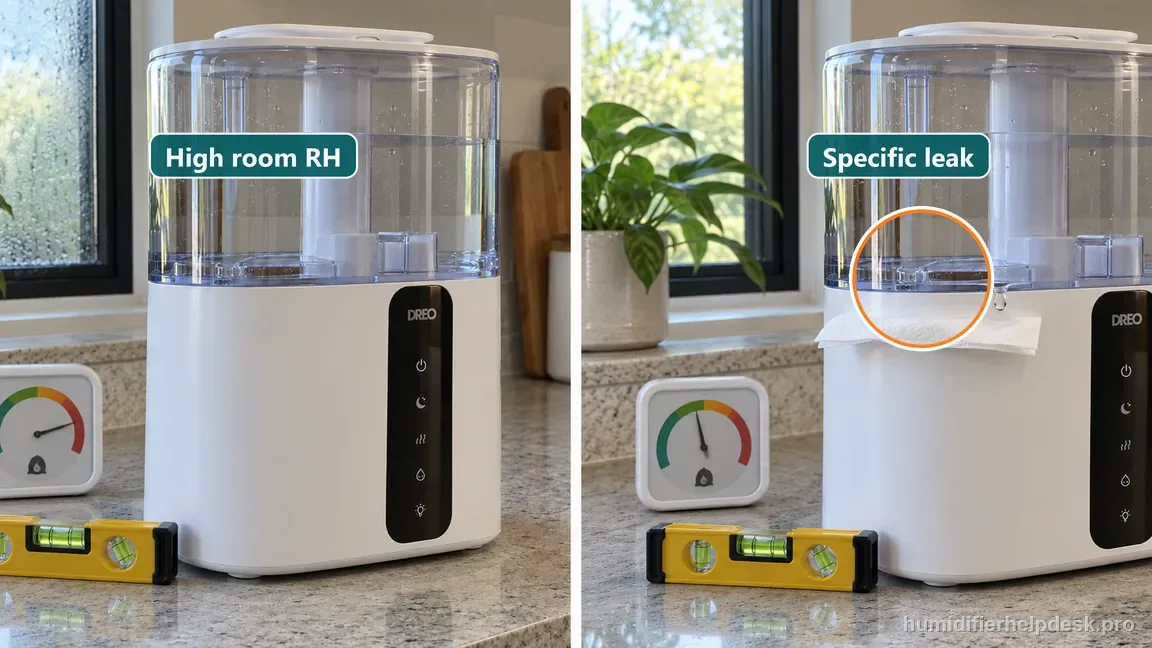 A humid room with a dry HM717S is contrasted with a localized tank outlet leak at normal room humidity.