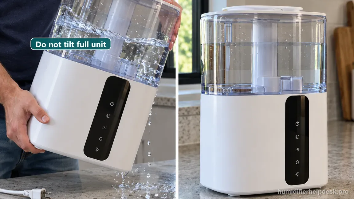 A tilted filled HM717S with sloshing water is contrasted with the same humidifier upright and still.