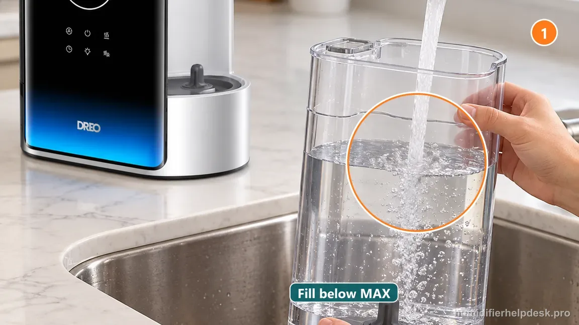 The exact Dreo HM717S clear right-side tank is filled at a sink while its black control body remains dry.