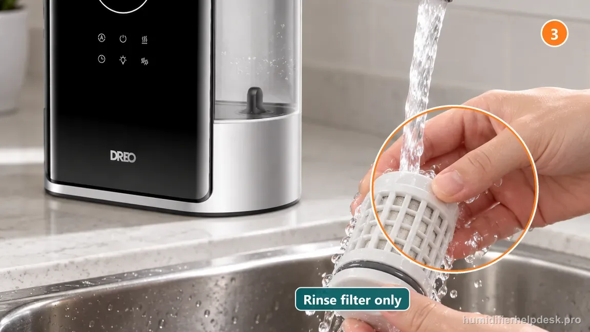 The removable white mesh water-filter cartridge from the Dreo HM717S is rinsed separately under a gentle stream.