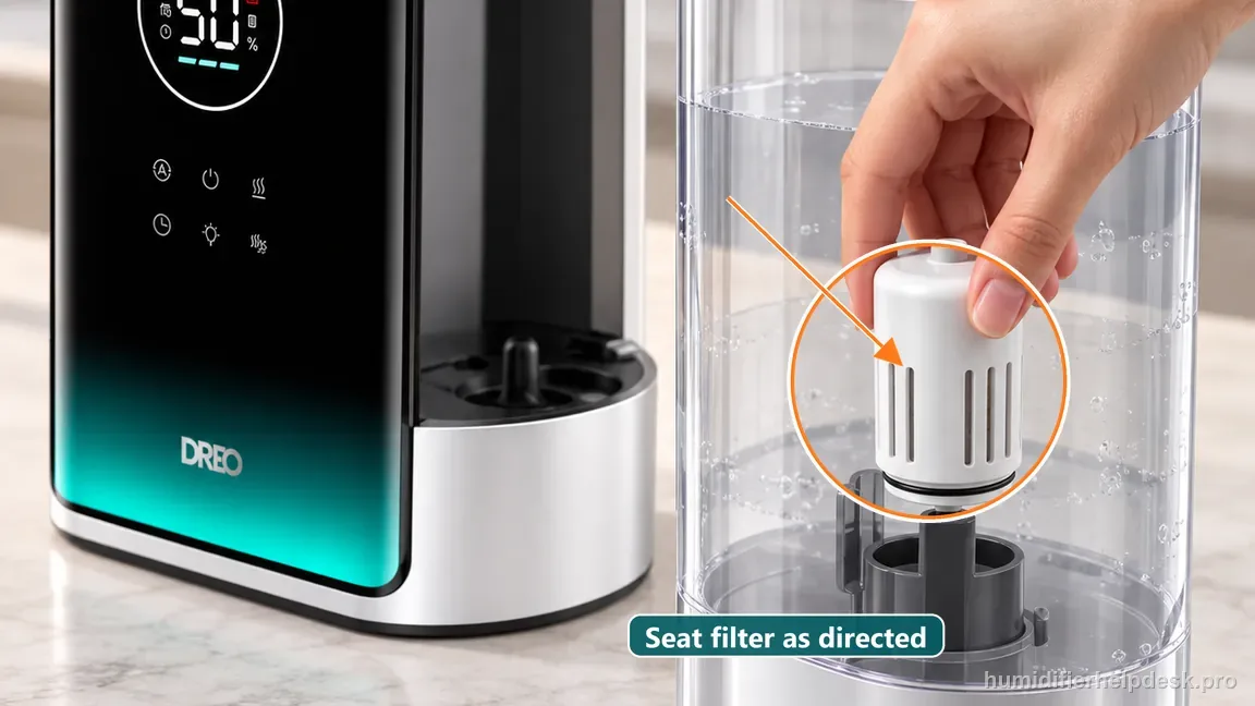 The small HM717S water-filter cartridge is returned to its holder in the documented water path.