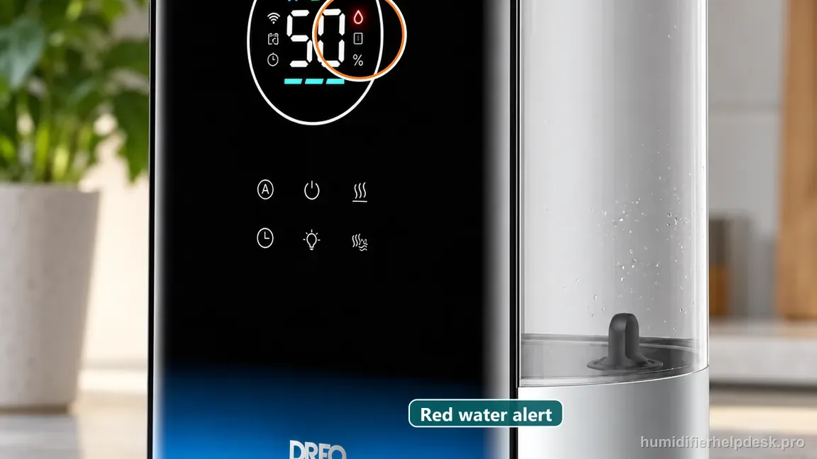 The exact HM717S front display shows the illuminated red low-water droplet with the clear tank in view.
