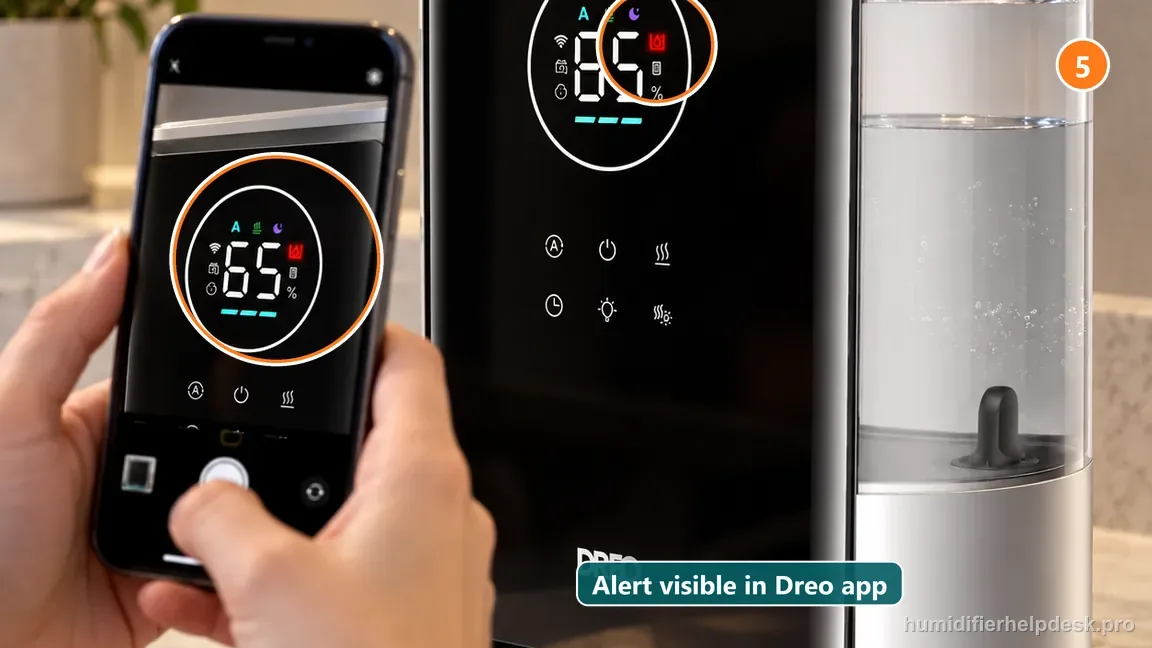 The HM717S low-water icon is visible on the front display and Dreo app while the user reviews status.