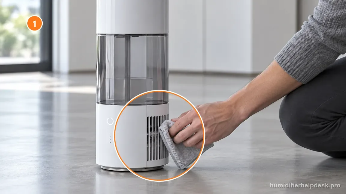 The unplugged white Dreo HM735S tower has lint gently wiped from its lower exterior air-intake grille.