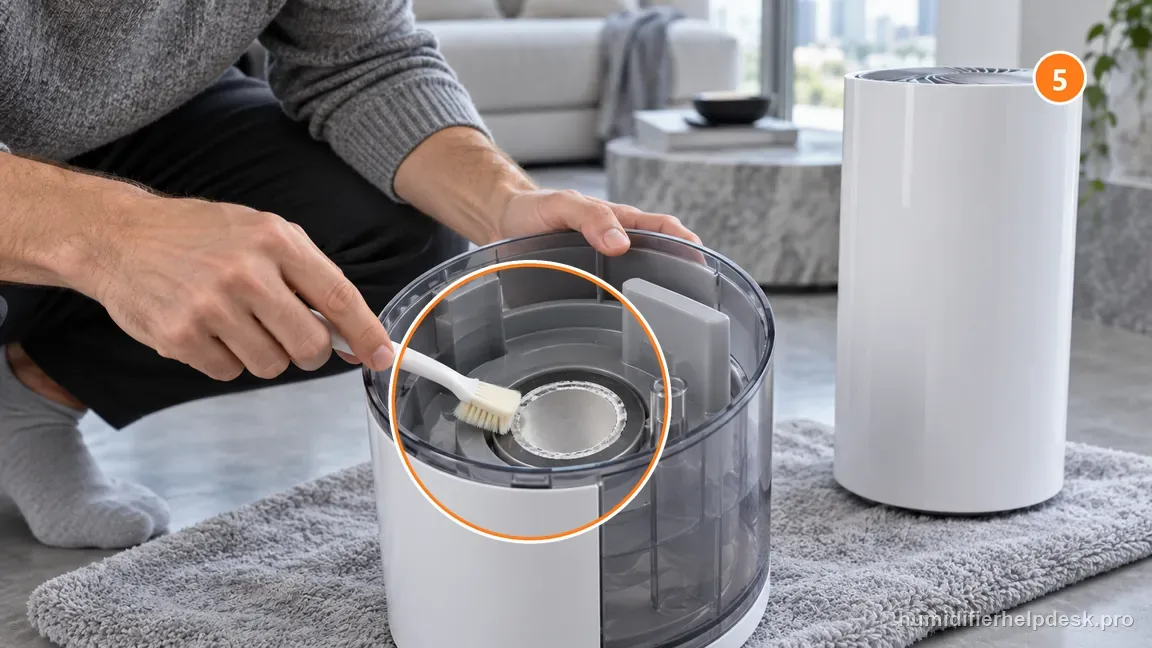 With the Dreo HM735S unplugged, a soft brush gently loosens mineral scale from the accessible atomizer surface.