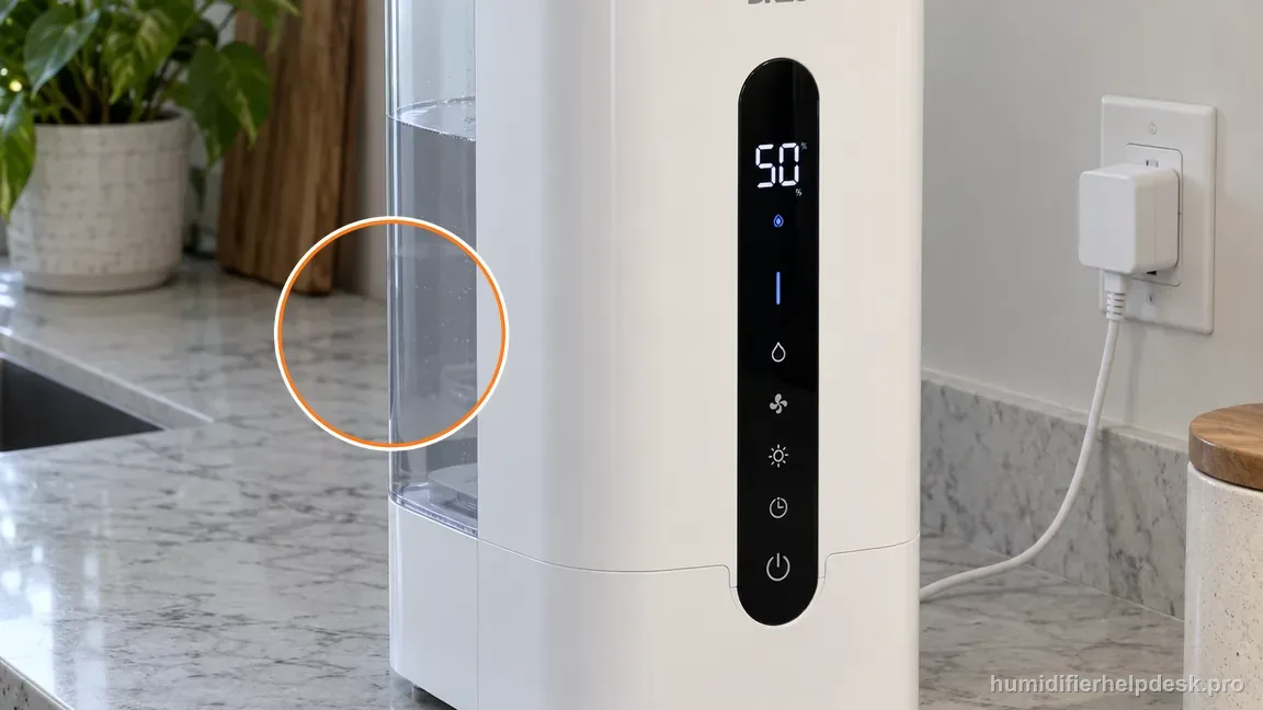 The assembled white Dreo 774S stands upright on a level counter with water in its clear tank.