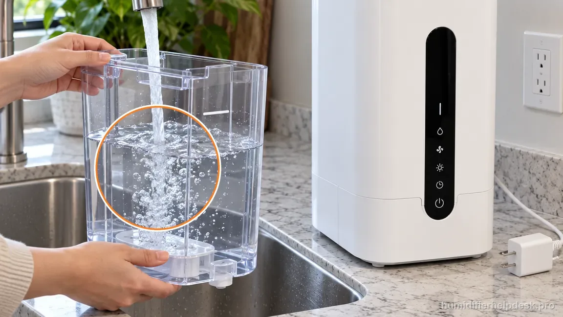 The humidifier tank is refilled once at a sink while the appliance body remains dry.