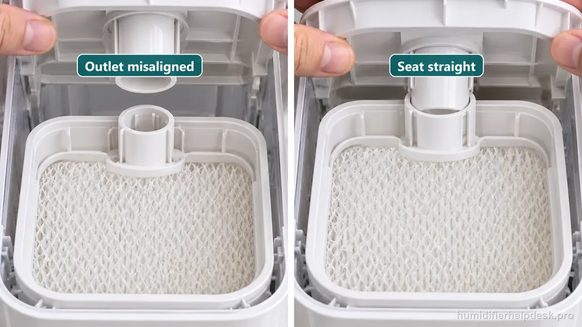 A comparison shows the support-frame water outlet misaligned in one view and seated straight in the other.