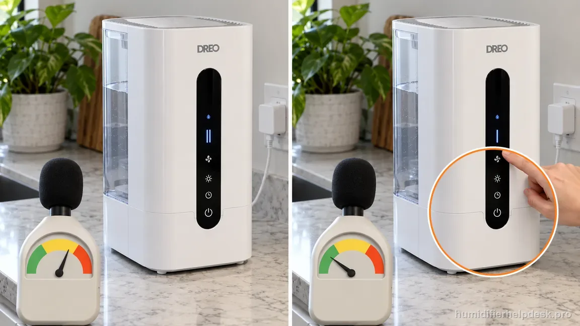 The Dreo 774S is shown at a lower output setting with a sound-level comparison graphic.