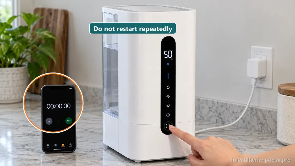 A finger is poised at the humidifier power button while a phone timer reads zero, illustrating repeated restarts to reproduce noise.