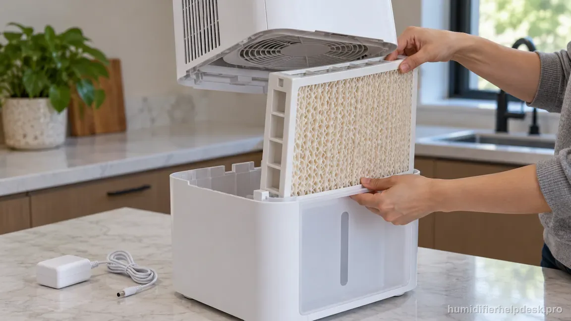 The Dreo HM774S is unplugged while its washable rectangular wick is removed through the normal user-serviceable opening.