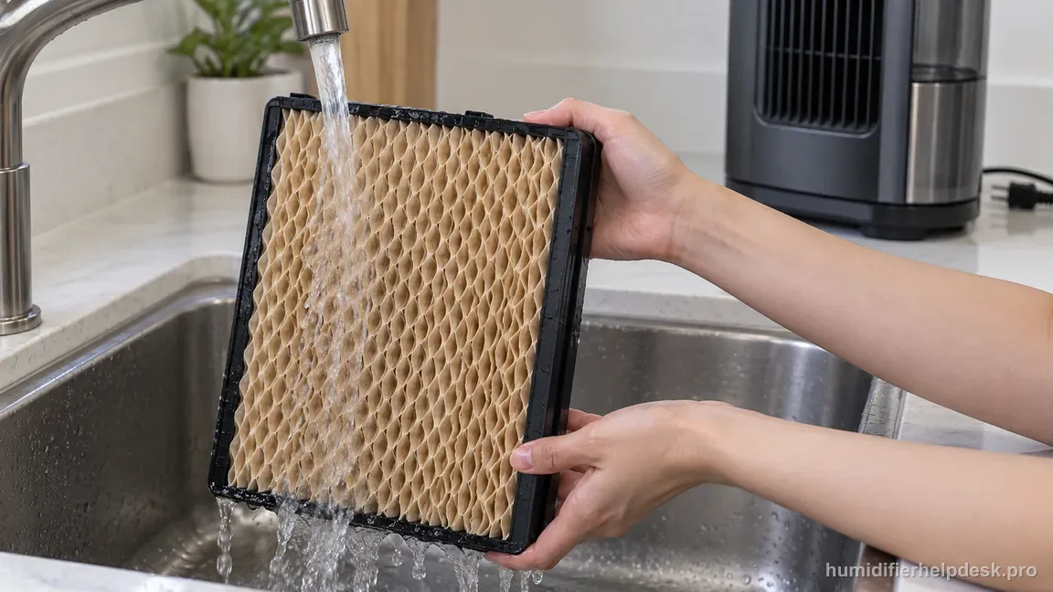 A removable Dreo HM774S honeycomb wick is gently hand-washed under cool water with the powered body kept dry.