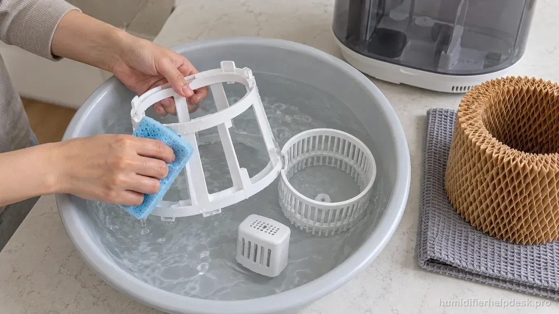 The Dreo HM774S support frame, wick-filter frame, and cartridge are washed separately from the unplugged upper body.