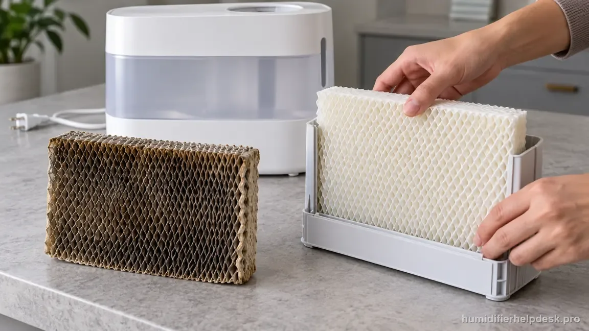 A new compatible rectangular honeycomb wick is fitted into the Dreo HM774S frame beside an aged filter.