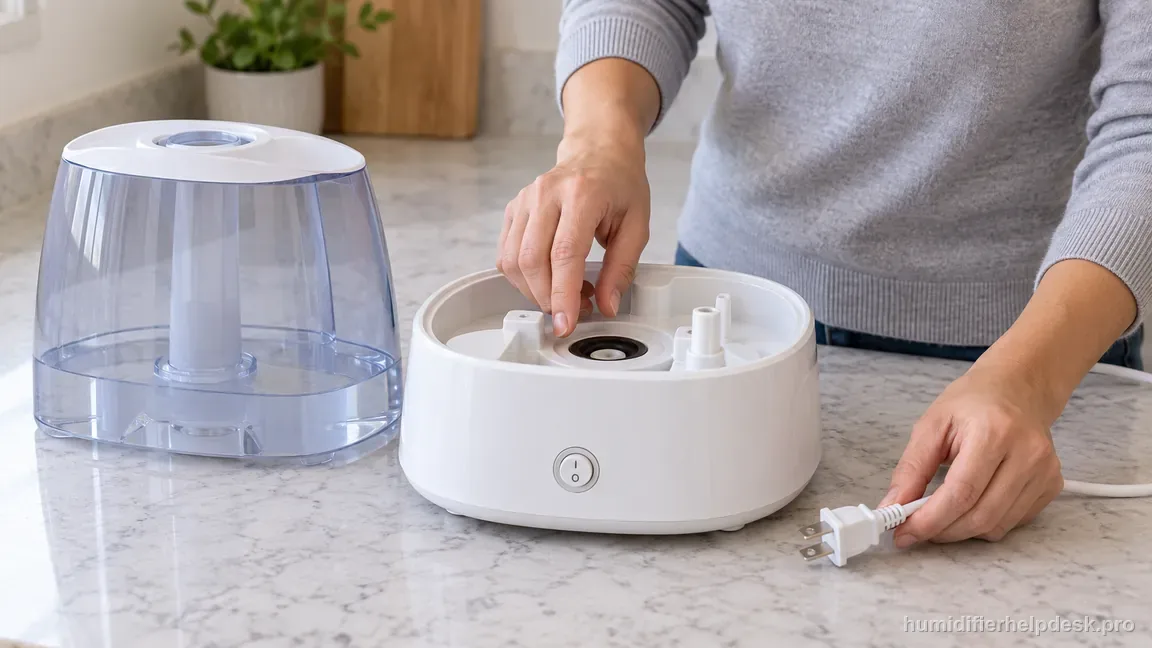 The HoMedics UHE-CM18 tank is removed, the base is off, and the power plug is visibly disconnected before cleaning.