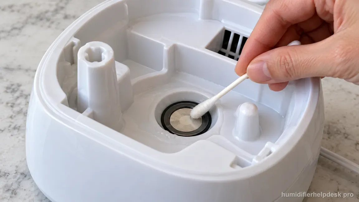 A cotton swab gently cleans only the UHE-CM18 ultrasonic membrane in the unplugged dry reservoir.