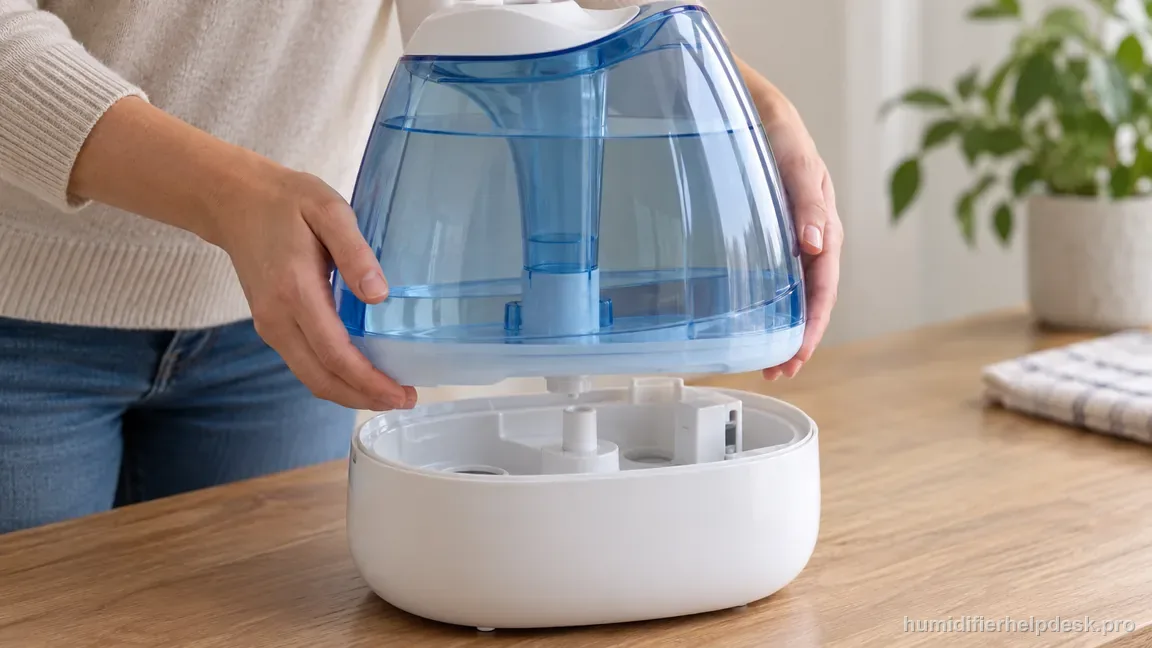 The clean HoMedics UHE-CM18 tank is carefully aligned as it is lowered onto the dry base after cleaning.