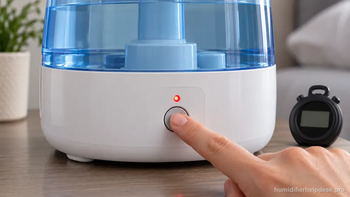 A finger holds the UHE-CM18 Clean button while the red reminder light is shown above it.
