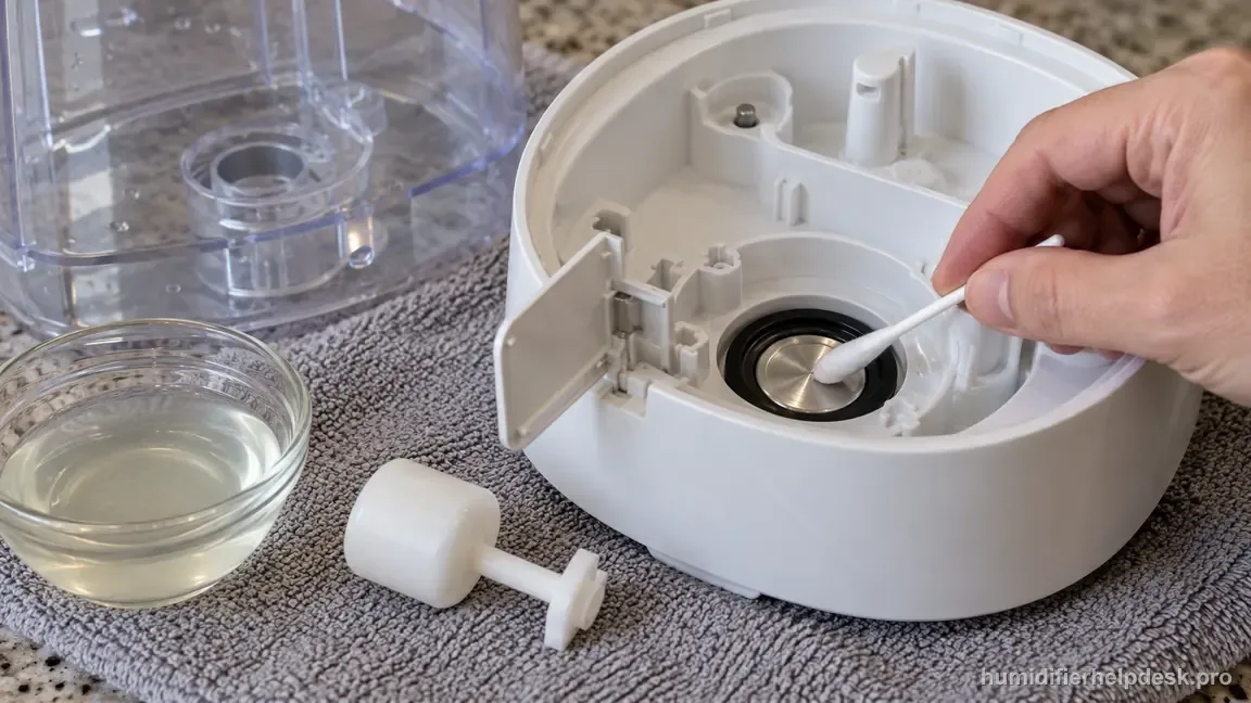 A cotton swab cleans the UHE-CMTF45 ultrasonic membrane with the unplugged float removed from its small chamber.