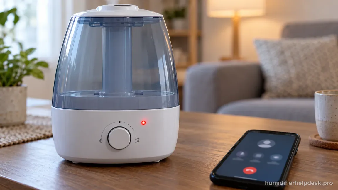 The fully assembled UHE-CMTF45 still shows a red clean reminder beside a phone after cleaning and reset.