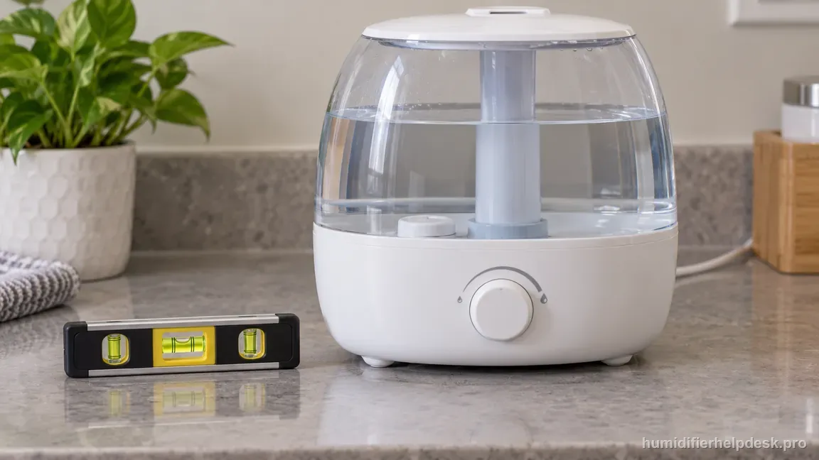 The HoMedics UHE-CMTF45 stands evenly on a water-resistant countertop beside a level showing a flat surface.