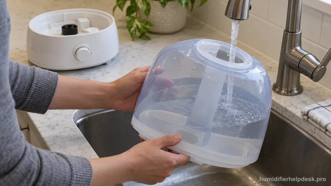 The detached clear UHE-CMTF45 tank is refilled at a sink while the base remains unplugged and dry.
