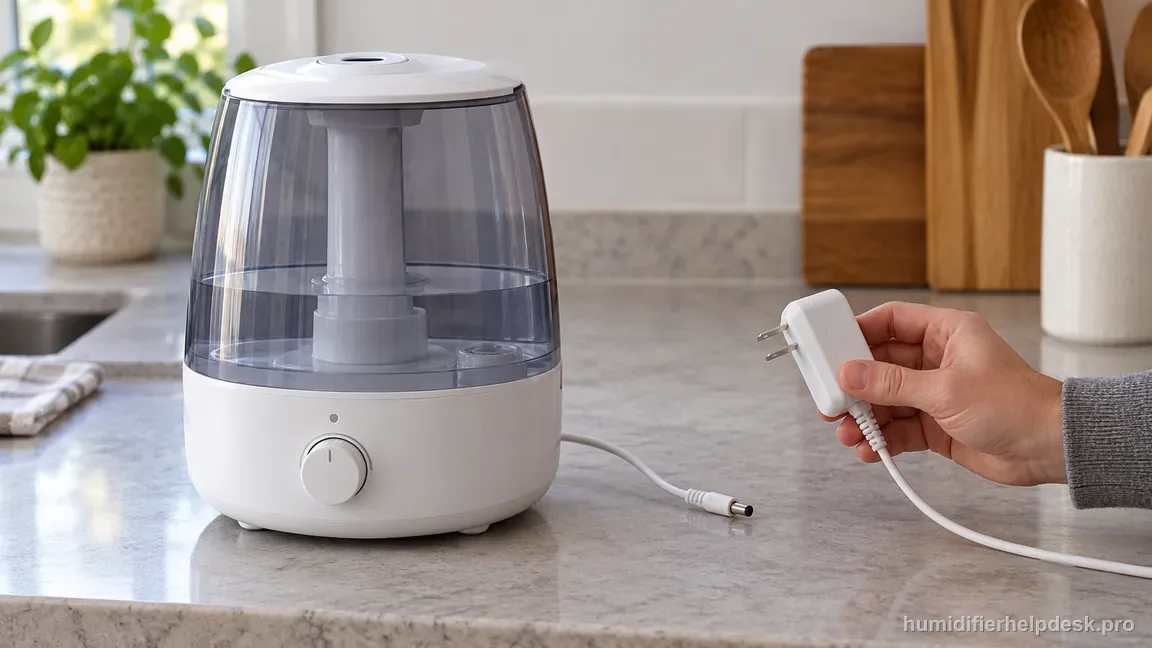 A hand holds the disconnected adapter plug away from the switched-off HoMedics humidifier on a dry counter.