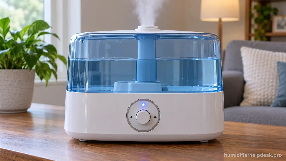 The HoMedics UHE-CMTF45 is powered on with a filled clear tank and visible cool mist emerging from its top nozzle.