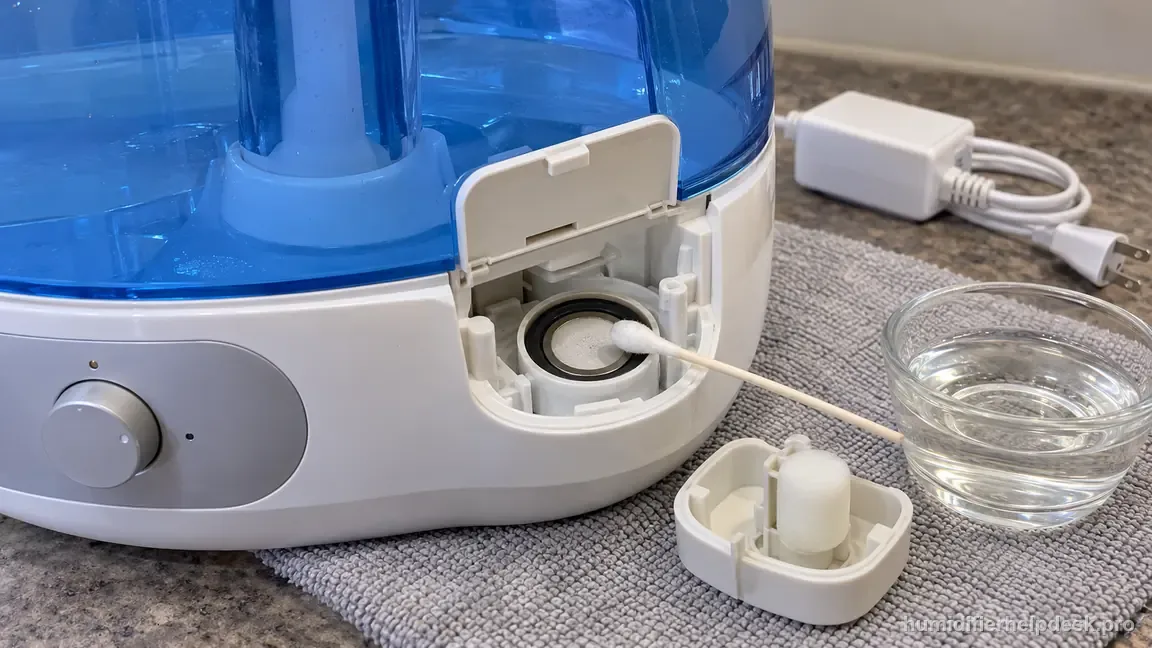 A cotton swab cleans the exposed UHE-CMTF45 ultrasonic membrane while the unplugged float is removed.