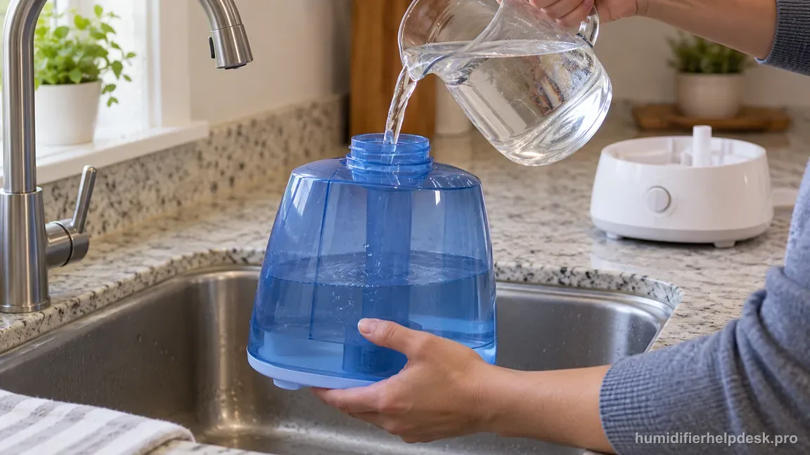 The HoMedics UHE-CMTF45 tank is filled with distilled water while its unplugged base stays dry beside the sink.