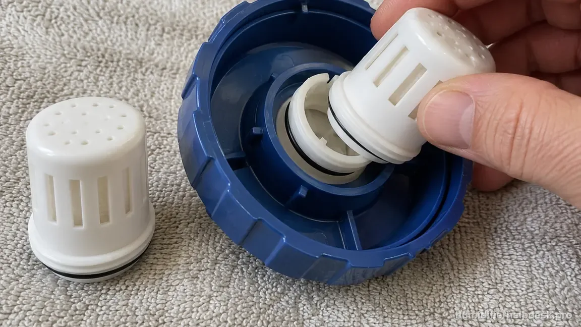 A hand unscrews the HoMedics tank cap demineralization cartridge next to a clean replacement cartridge.