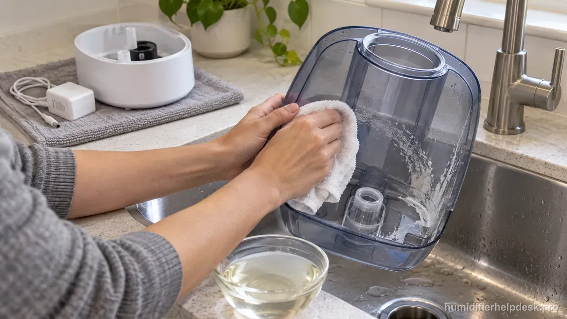 The removed UHE-CMTF45 tank is wiped inside with a soft cloth while its unplugged base remains dry.