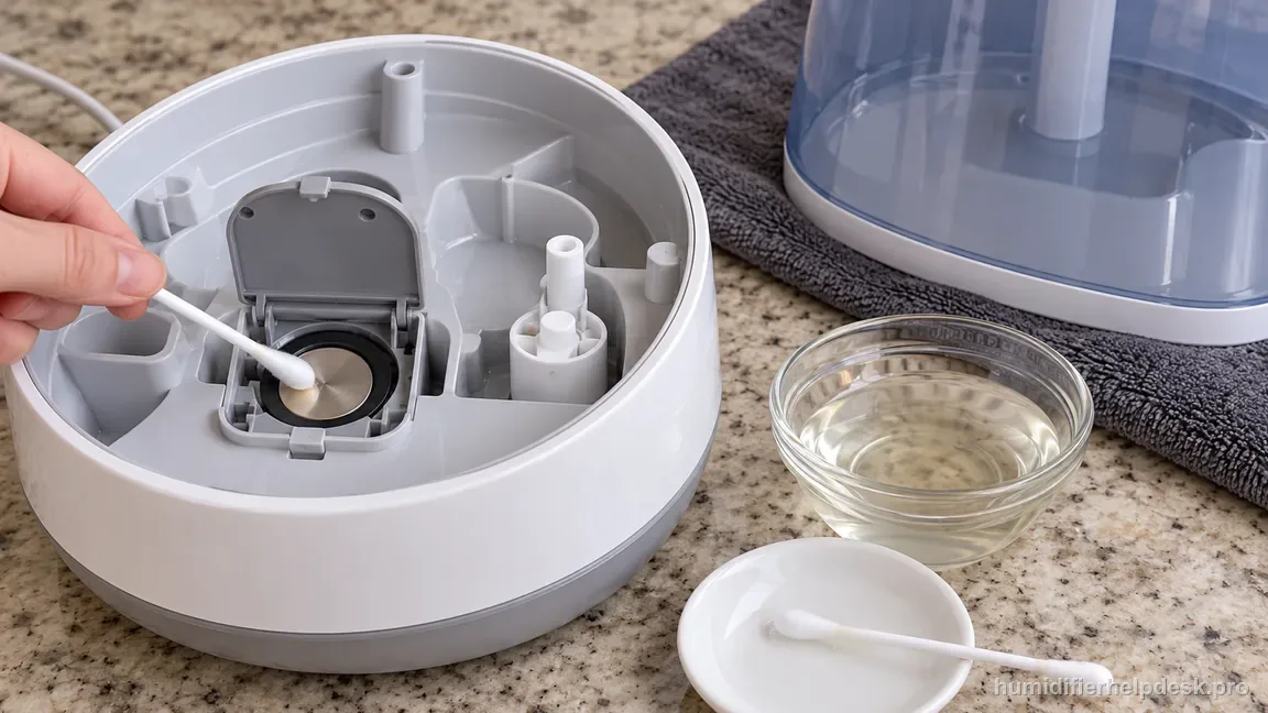 A cotton swab cleans the UHE-CMTF45 transducer membrane with the unit unplugged and tank set aside.