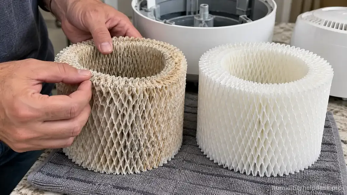 A lightly tan but flexible HCM350 wick is compared with a clean replacement to assess its actual condition.