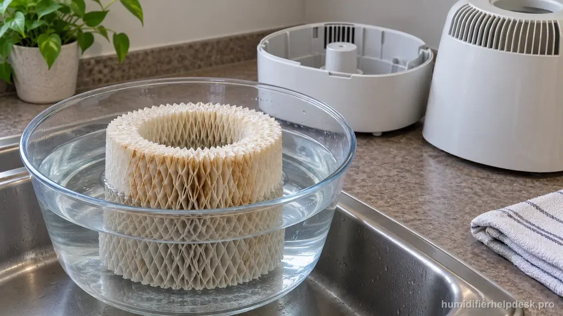 The removed Honeywell HCM350 wick is soaked in plain cool water with the unplugged unit kept away.
